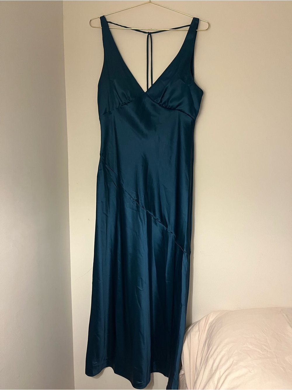 Satin Asymmetric Cowl Back Dark Blue Green Long Formal Dress